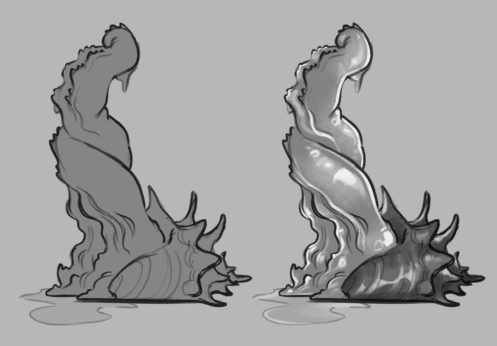a sketch of an insertable design: a twisting, slimy and spiny tendril emerging from a spiky shell