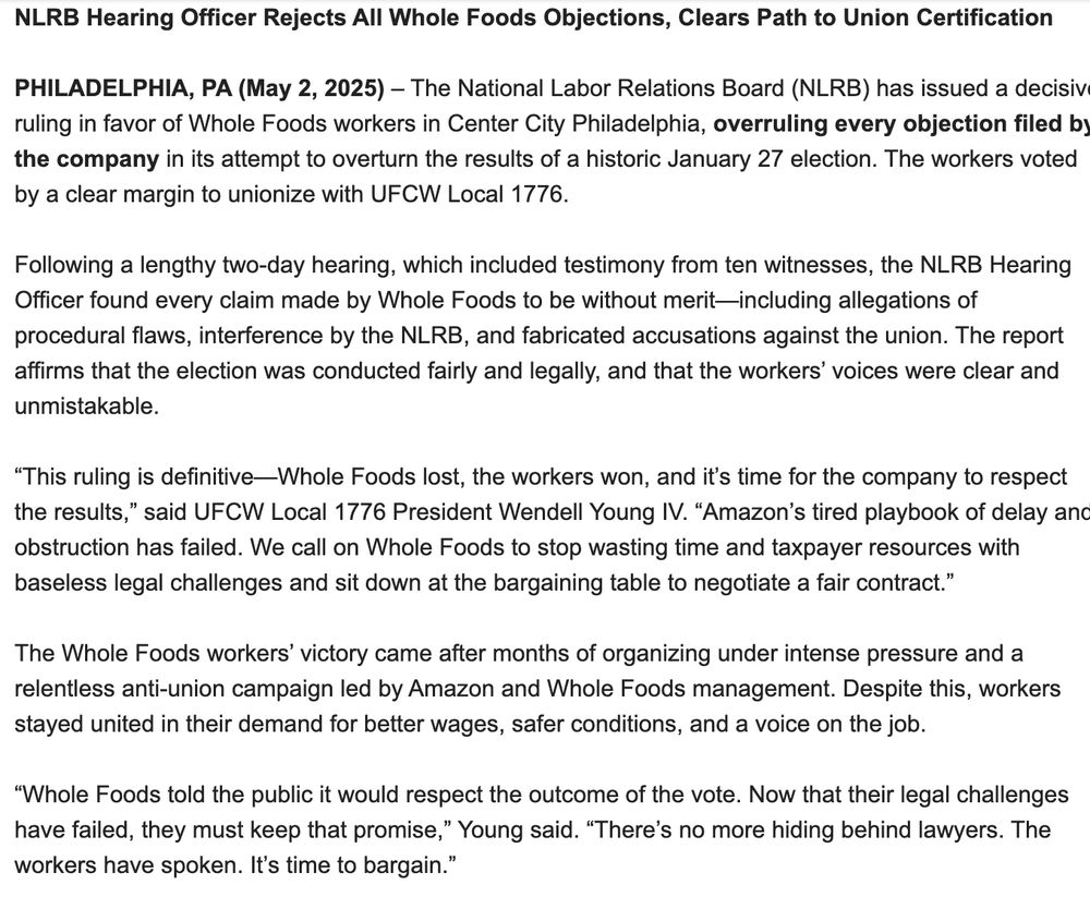 NLRB hearing officer rejects all election objections made by Amazon/Whole Foods to union election win in Philadelphia