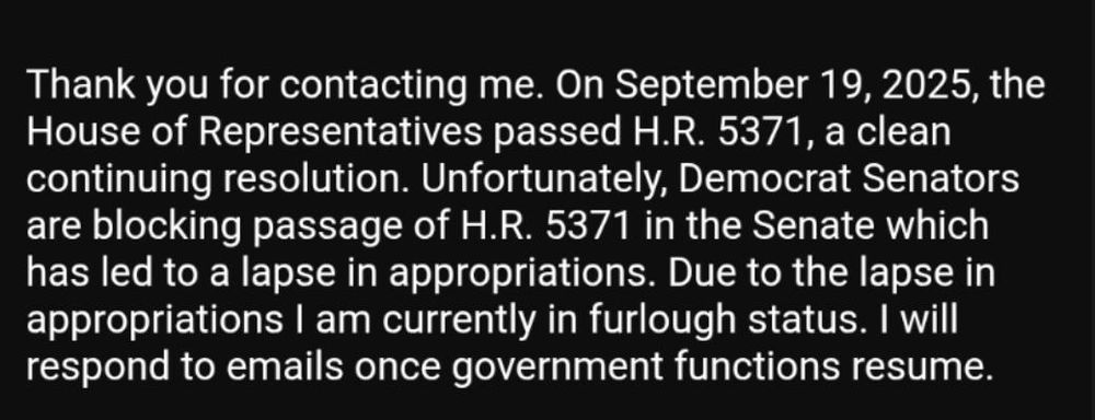 Out of office message blaming Democrats for shutdown