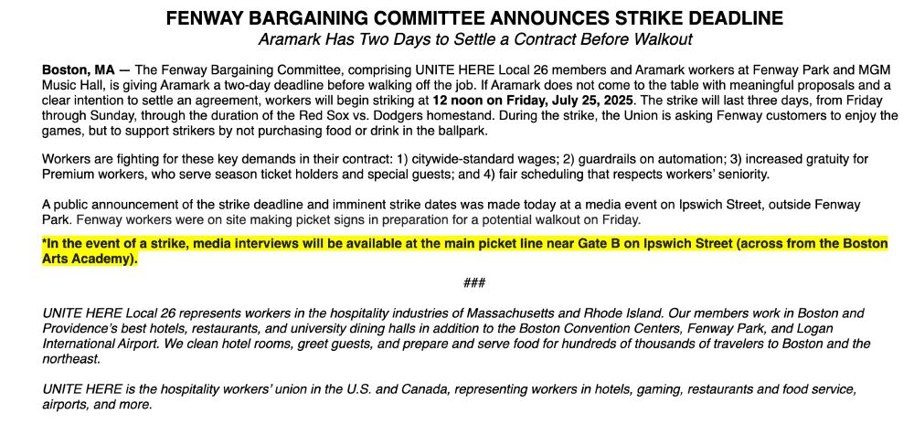 FENWAY BARGAINING COMMITTEE ANNOUNCES STRIKE DEADLINE

Aramark Has Two Days to Settle a Contract Before Walkout

