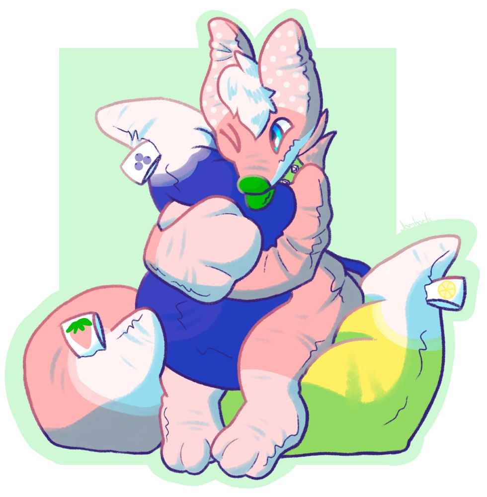 A pink fox, with three tails colored pinke, blue, and yellow, drawn as a plush. They hug the blue tail, with a tag showing blueberries, while sitting on the yellow tail, marked with a lemon tag, and his pink tail, with a strawberry tag, sits at their side. Their nose, and tongue sticking out are green. His face is pointed down as they nuzzle their tail. One blue eye has a happy raised cheek, while the other is pressed close by their nuzzle. Their ears are a lighter shade of pinke with a white polka dot pattern