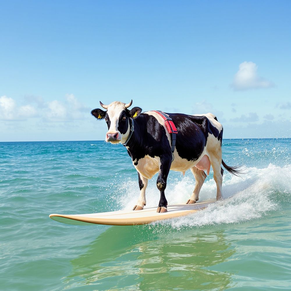 A cow on a surfboard in the ocean 
