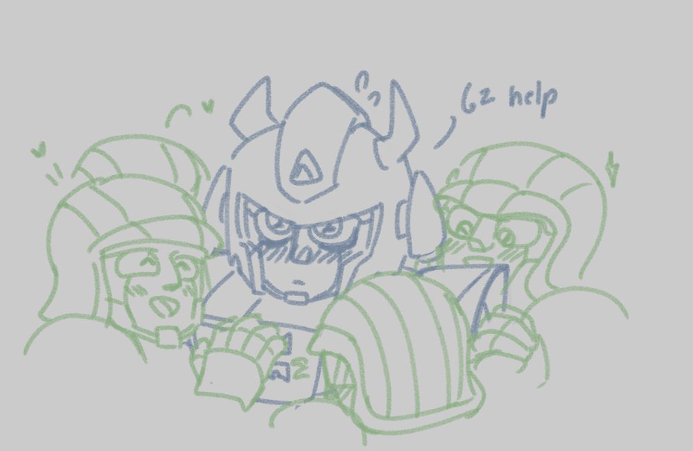 lil doodle of iron leaguer random shipp. garrett blushing in the middle of earth pulse team 