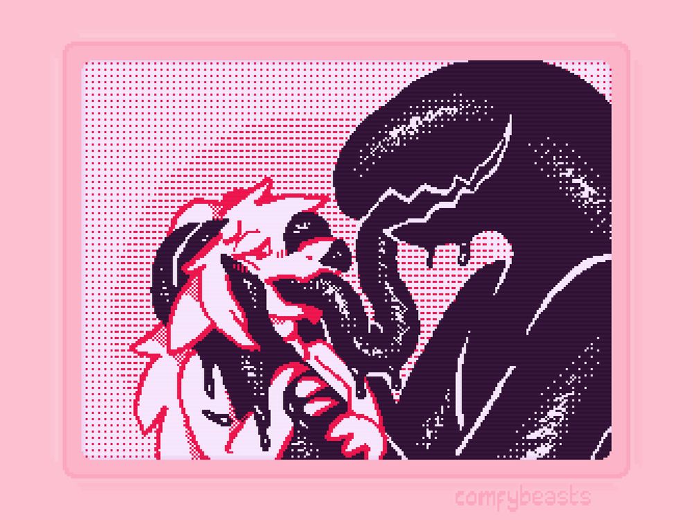 a black goo monster holding a kobold greedily and giving her a very deep kiss