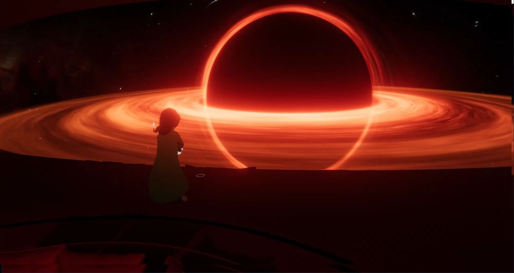 A cloaked figure standing in a strange space shuttle, overseeing a black hole very up close and personal