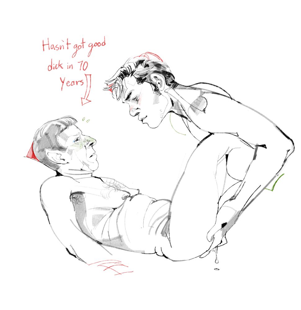 A drawing of Chris Pine's Kirk fingering old Spock Prime. An arrow labels old Spock as "hasn't got good dick in 70 years."