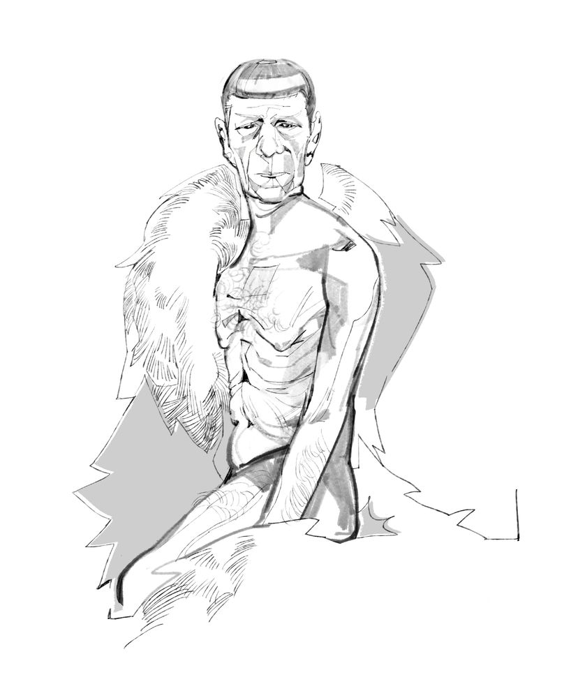 A black and white drawing of old Spock Prime, naked and half covered in furs/blankets.
