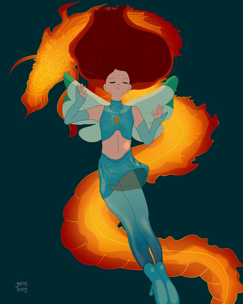 Illustration of Bloom meditating as the Great Dragon forms behind her.