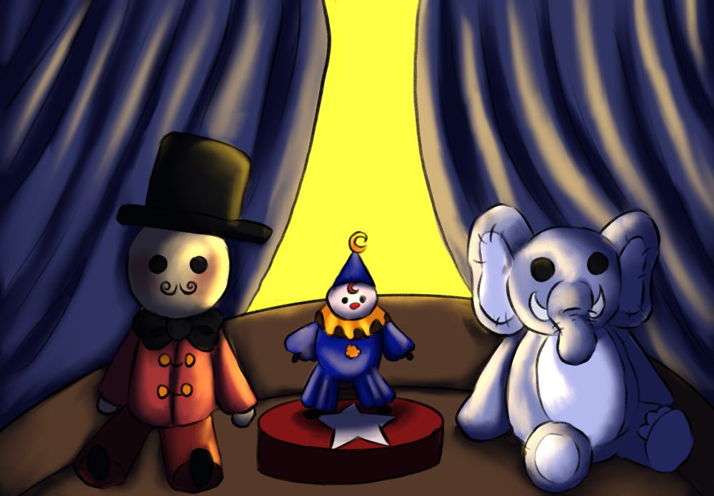 Um pequeno circo com um mágico, um palhaço e um elefante de pelúcia