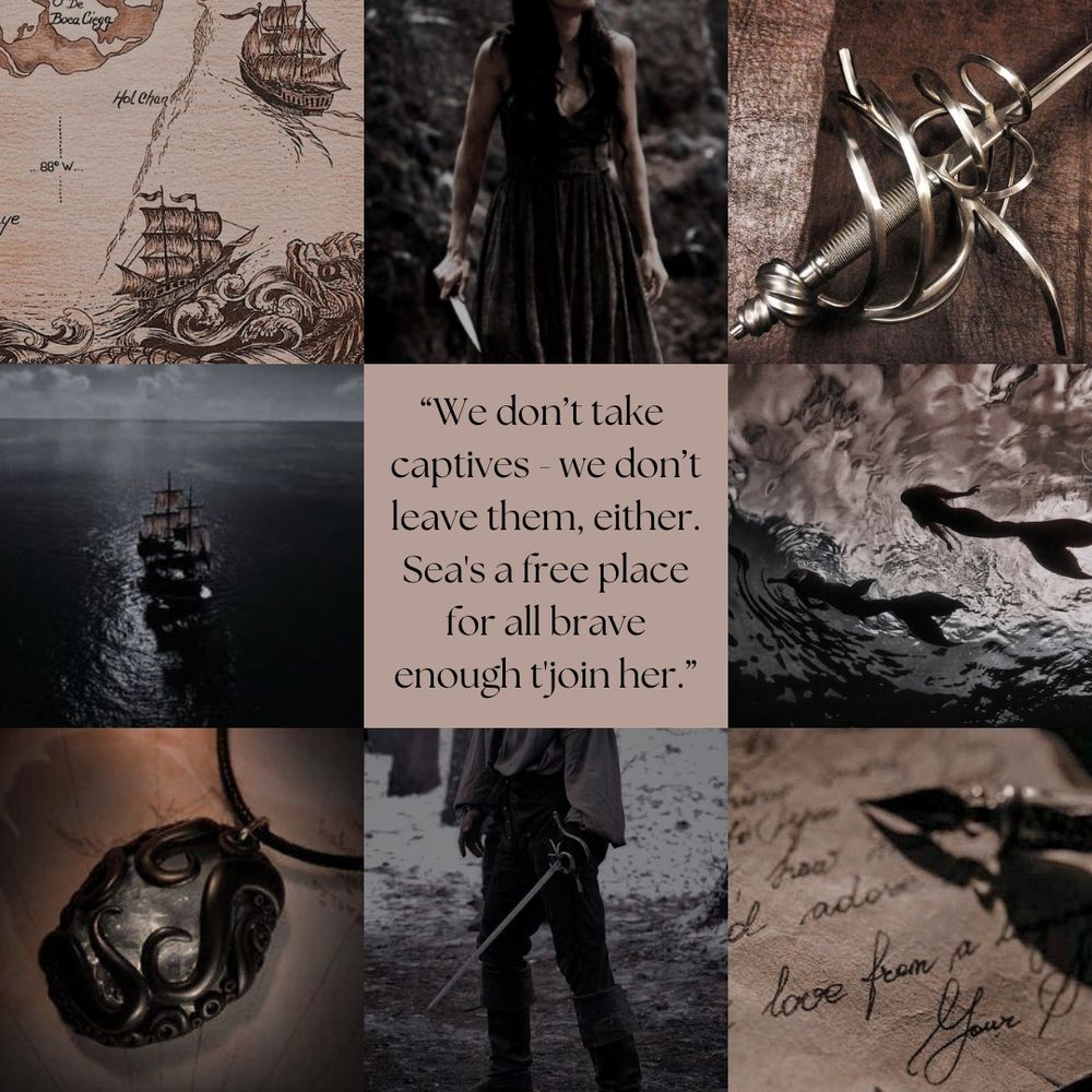 A moody aesthetic board in cream and dark tones for the novel THE SIREN'S call, feat. a treasure map with ships sailing etched on it, a woman in a dress with a dagger, an ornate swirling sword handle, a pirate ship on the sea, sirens in the water, a necklace with tentacle detail, a man with a sword, and a letter with cursive writing. In the centre is a quote: "We don't take captives - we don't leave them, either. Sea's a free place for all brave enough t'join her."