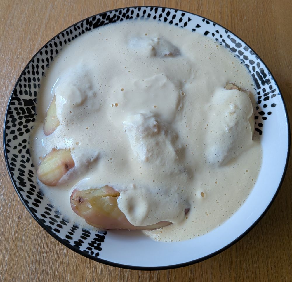 Pomme de terre à la vapeur, Sauce œuf dur bouillon fromage mixé