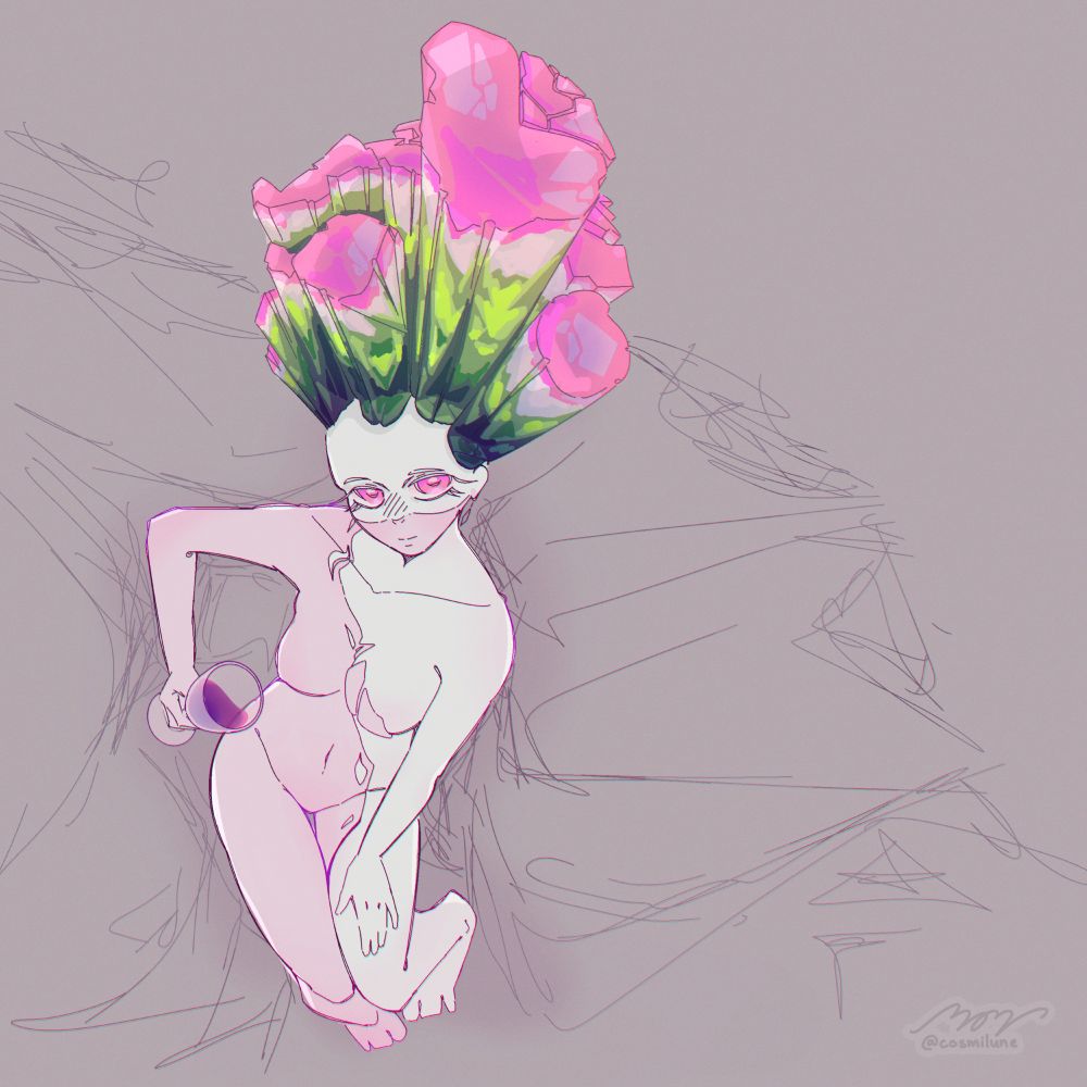 half-white half-pink feminine figure with pink eyes. atop her head is a crown of watermelon tourmaline crystals. she is holding a cup of wine.