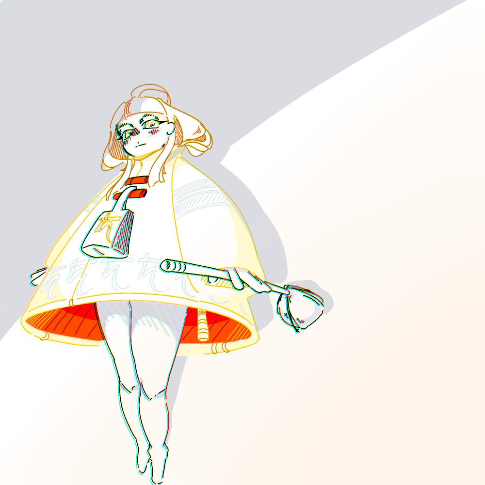 A feminine figure looks at the camera neutrally, standing in a white space  holding a broom and wearing a large yellow conic jacket. A lock-esque accessory sits on the front portion of the jacket. The inside of the jacket is a vibrant red.