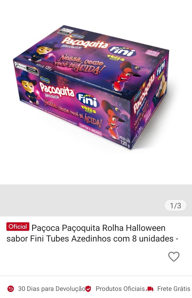 Imagem de uma caixa de paçoca temática para o halloween, parceria entre a marca Santa Helena e a marca Fini, unindo paçoquita com fine tubes azedinhos