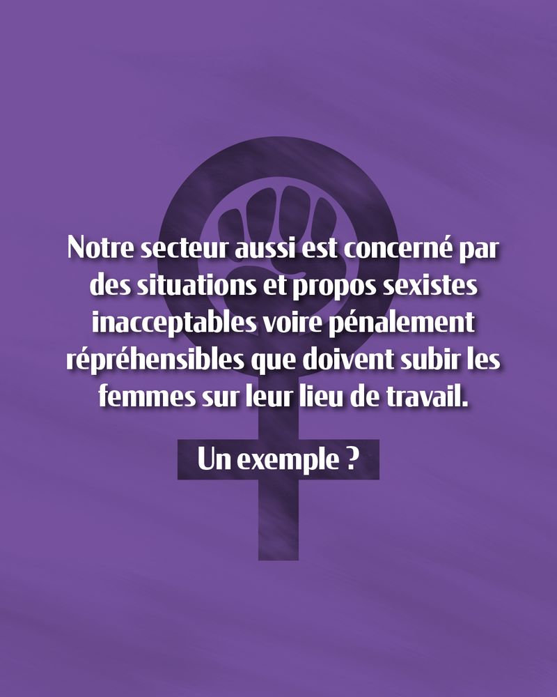 Texte sur fond violet avec le symbole féminin comprenant un poing levé :

Notre secteur aussi est concerné par des situations et propos sexistes inacceptables voire pénalement répréhensibles que doivent subir les femmes sur leur lieu de travail. 

Un exemple ?