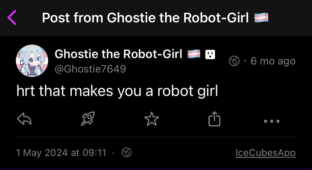 post on fedi from myself 6 months ago

post says : hrt that makes you a robot girl