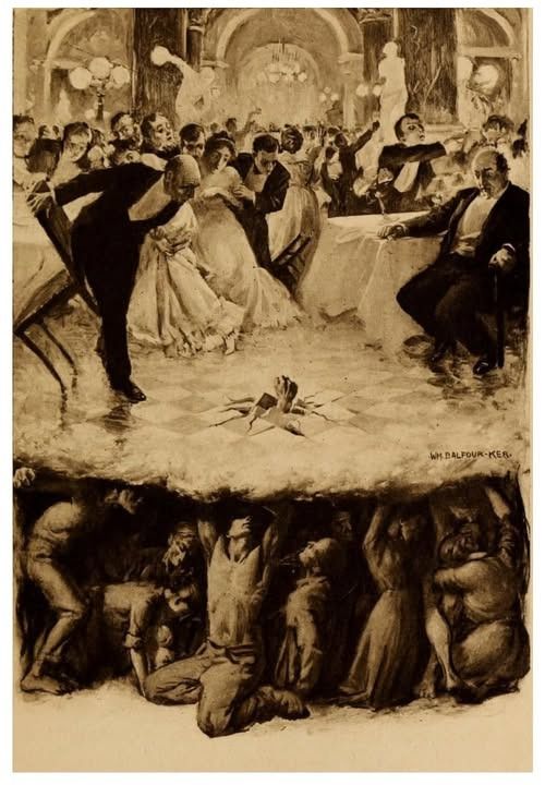 An old drawing of People in tuxes and gowns in a ballroom as the huddled and poor workers are crushed underneath until a fist cracks through the floor shocking the rich. By William Balfour Ker