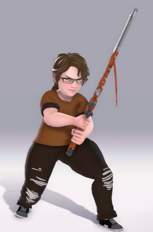 Krista wielding a rather odd sword