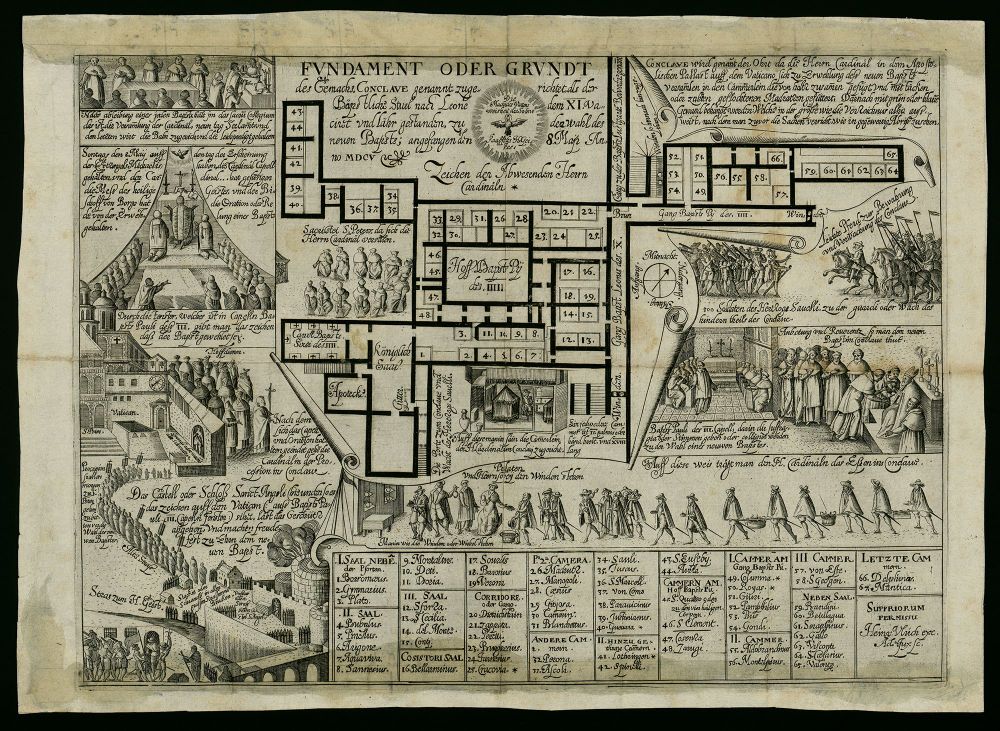 Photograph of a printed broadside from 1605 that depicts and describes (in German) the people and places involved in the papal conclave that May.