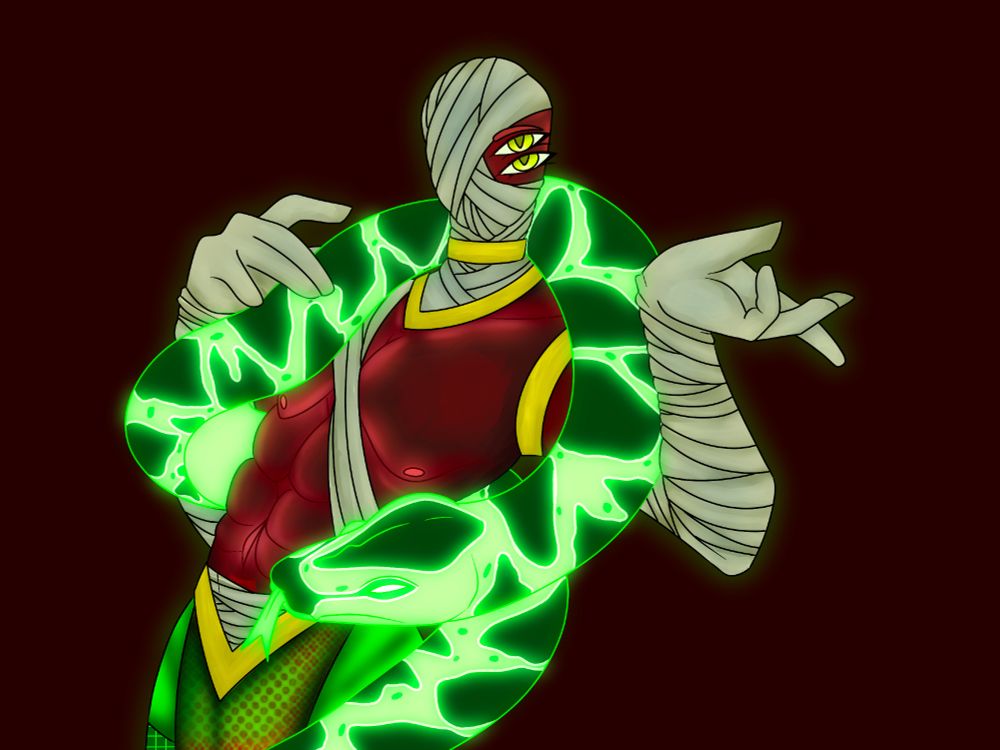 Artwork by Father_Arson depicting a shirtless Wastes, striking Jojo pose, while wrapped in his neon-green pet python.