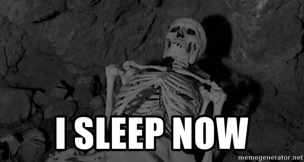 A frame from the film "The Lost Skeleton of Cadavra", featuring a line said by The Skeleton in bold white text reading, "I SLEEP NOW".