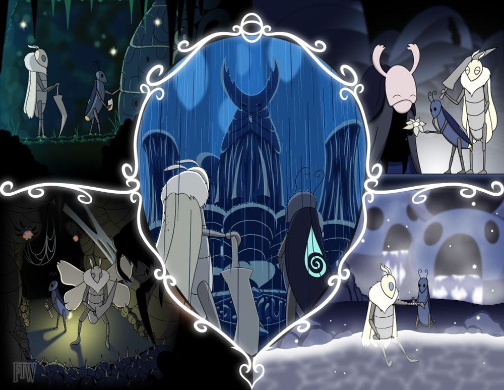 Hollow Knight fan art drawn by From The Wastes, featuring his OC moth, Pallor, as well as Rainspeak's firefly OC Lumis. Together they explore Hallownest, here featuring Greenpath, Dirtmouth, Deepnest, a hot spring, and The City of Tears.