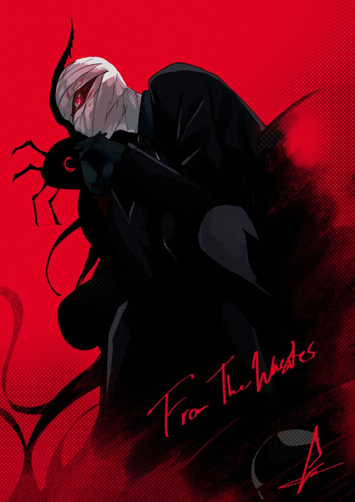 A commission of From The Wastes by KaraArts, featuring a striking red background, black silhouetted suit, tendrils, and eldritch growths, with a striking anime villain gaze and pose.