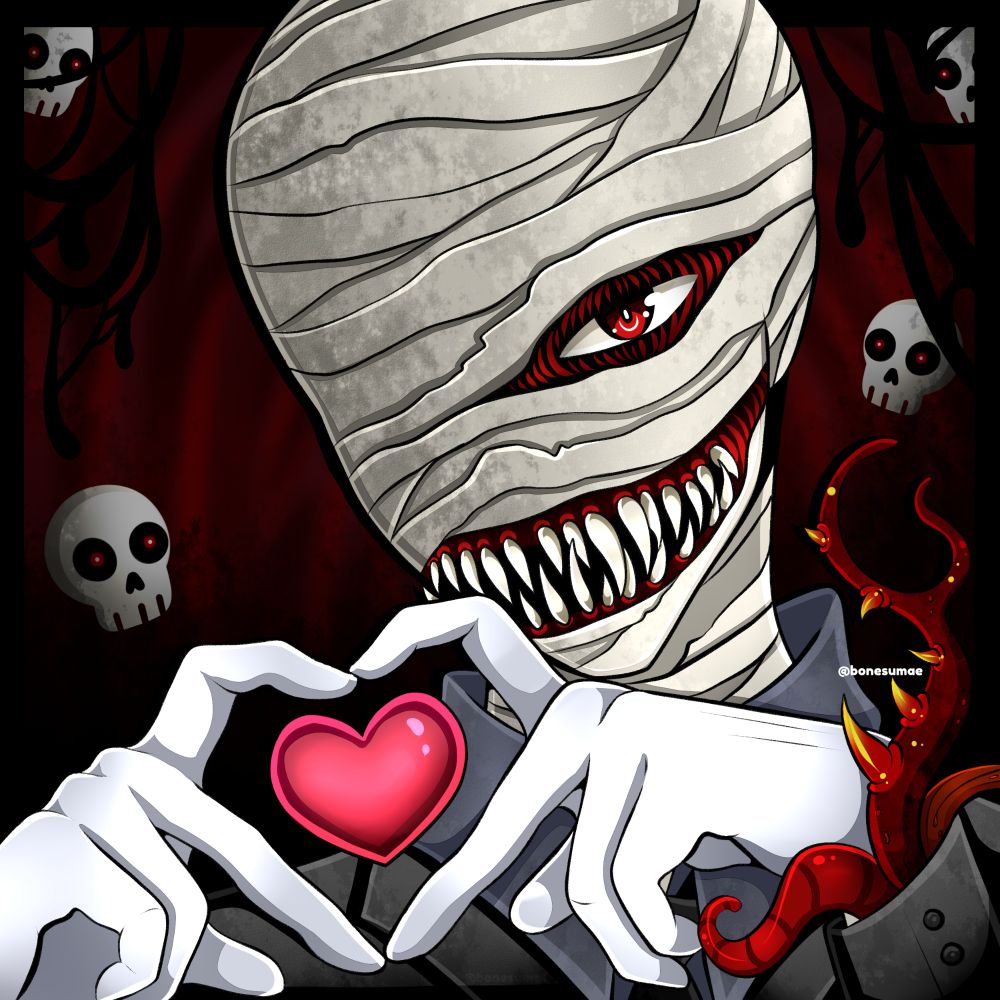 A profile picture of From The Wastes drawn by Umaechi, featuring his bandaged face, toothy smile, hands forming a heart shape, and tendrils rising from his sleeves. Blood and skulls swirl in the background.