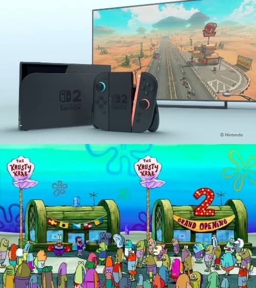 A meme image comparing the recently announced Nintendo Switch 2 to the scene from the SpongeBob Squarepants show where a second Krusty Krab, identical to the first one, was opened right alongside that very first unit.