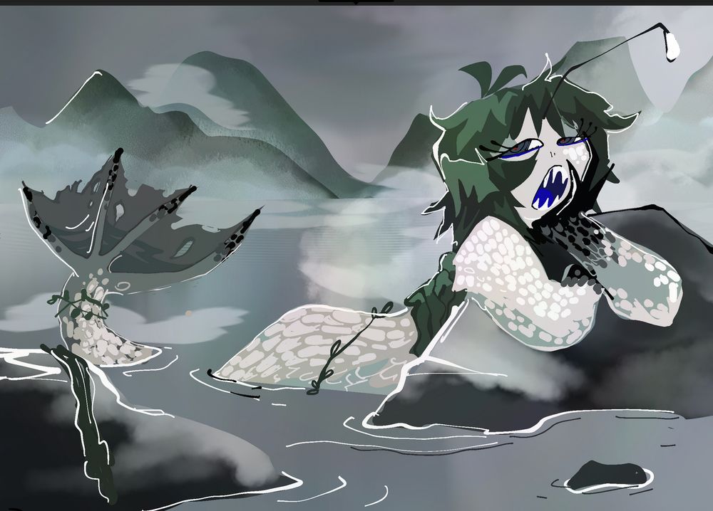 A aple anglerfish mermaid in a foggy landscape