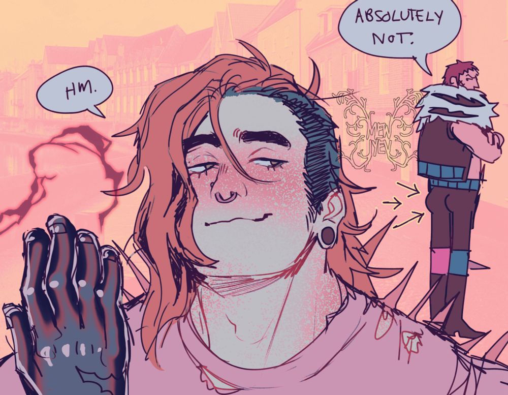 Silly sketch of Maren with a fully armament haki’d out hand thinking about spanking Katakuri. Katakuri is in the background frowning like ABSOLUTELY NOT.