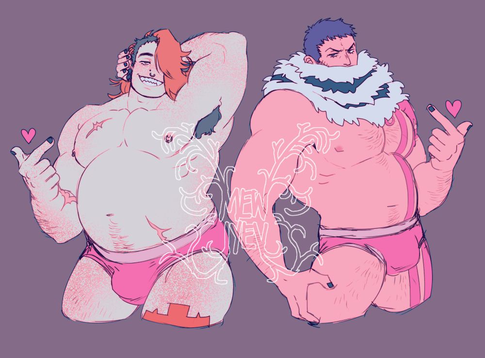 Flaf colored artwork of Katakuri and Maren with chubby bodies wearing pin underwear