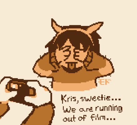 A young version of Kris Dreemurr covering their own face with their hands while Toriel Dreemurr (standing mostly out of frame) is attempting to take a photograph of them. Text reads: 
