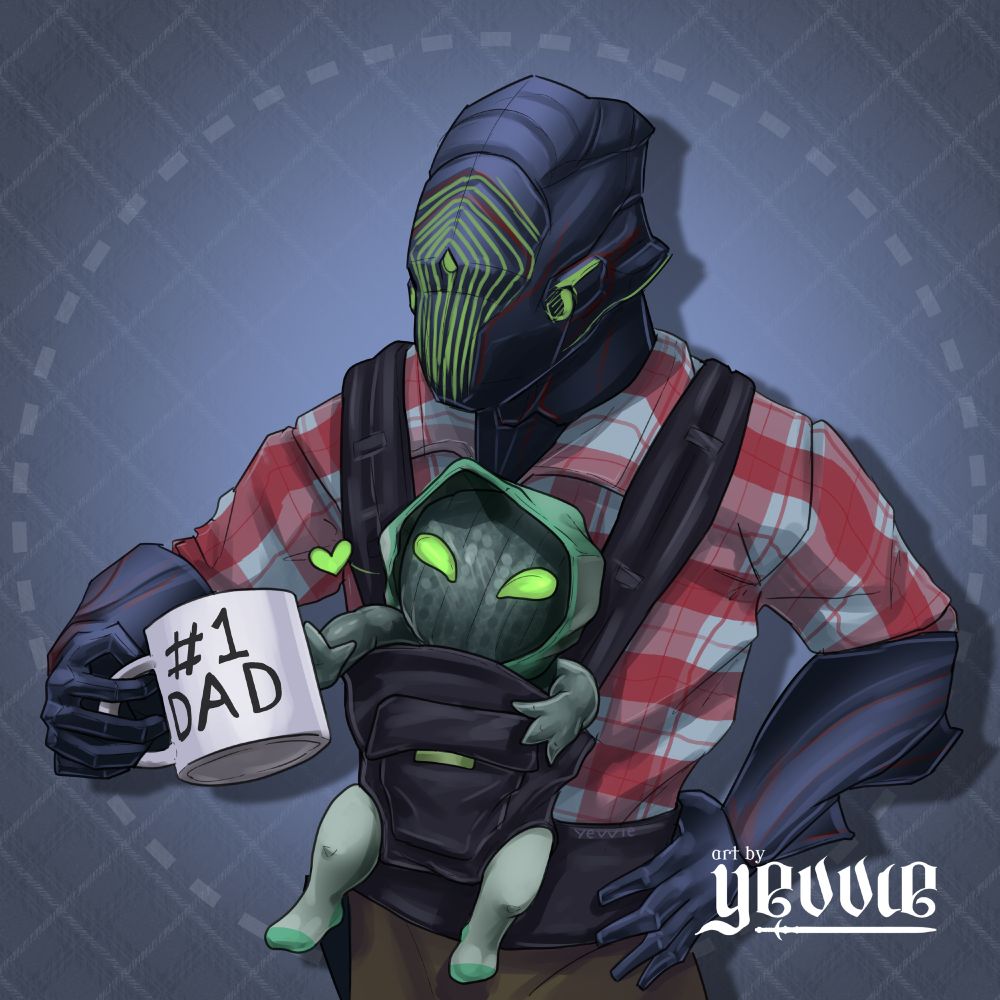 protector stalker and The Child (TM) as seen in Primed Average's cosplay, with plaid shirt, baby sling and a mug that says number one dad.