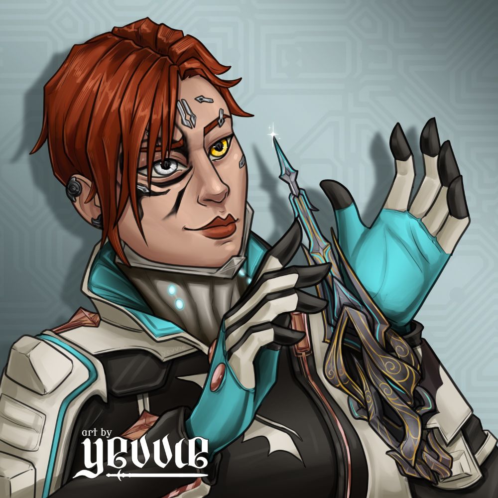 a warframe operator with short, side swept brownish-reddish hair with one eye white and one golden yellow, in a techy elegant outfit. she's holding her hand up, showing off custom parazon brace, with other hand poking at the blade.