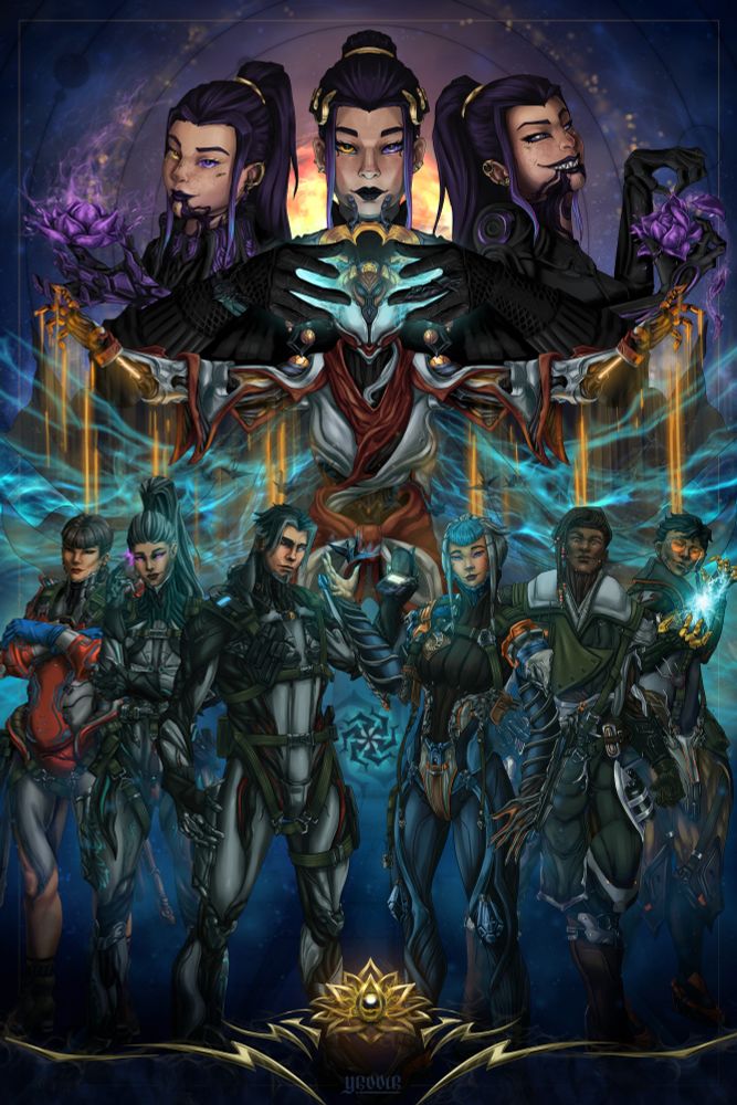 poster style illustration in semi-realistic style in vibrant colors. on the top, three versions of my OC Orizhana (pale female with black-purple hair, heterochromic gold and purple eyes, black outfit, gold accents): on the left, Operator holding up a purple lotus flower, purple energy floating up, on the right Wally ripping petals of identical flower, but torn and shredded, its petals falling down. In the middle, Drifter, her hands over the head of Koumei below, the void energy "moving" the warframe. Koumei's threads of fate are hanging down like rain of neon lights, reaching towards the Hex standing lined up. she's wearing riftguard syandana, the void energy flowing to the sides, encompassing the Hex.
in the center, Arthur and Aoi. he's holding his kinepage, its screen glowing gently. she's reaching up towards a metal origami crane. behind Arthur, Eleanor holding fingers up to her head, gentle glow near her temple, then Lettie with crossed arms. on the right, behind Aoi, Quincy smirking towards the camera in relaxed pose, behind him Amir with lightning between his fingertips, electric sparkle glowing in the dark.
below them, at the footer, a metallic lotus flower with koumei's black fate pearl in the middle, sending out orange energy to the sides. below, artists watermark in gothic style.