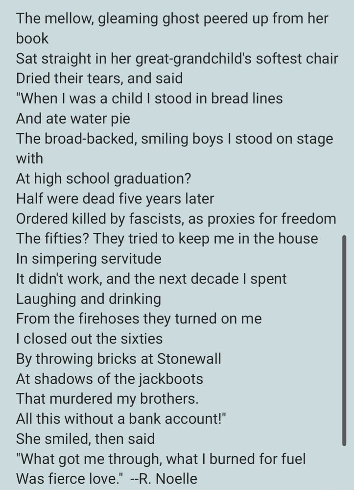 The mellow, gleaming ghost peered up from her book
Sat straight in her great-grandchild's softest chair
Dried their tears, and said
"When I was a child I stood in bread lines
And ate water pie
The broad-backed, smiling boys I stood on stage with
At high school graduation?
Half were dead five years later
Ordered killed by fascists, as proxies for freedom
The fifties? They tried to keep me in the house
In simpering servitude
It didn't work, and the next decade I spent
Laughing and drinking
From the firehoses they turned on me
I closed out the sixties
By throwing bricks at Stonewall
At shadows of the jackboots
That murdered my brothers.
All this without a bank account!"
She smiled, then said
"What got me through, what I burned for fuel
Was fierce love."  --R. Noelle