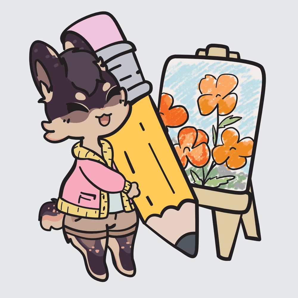 A chibi bunny holding a comically large pencil with a drawing of poppies on an easel 