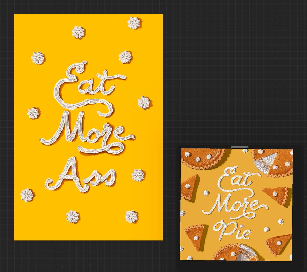 Procreate sketch of "eat more ass" spelled out in whipped cream. The reference photo says "eat more pie"