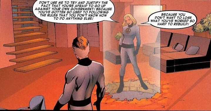 [Panel 1] Don't use me to try and justify the fact that you're afraid to go up against your own government! Because you've gotten so used to following the rules that you don't know how to do anything else! [Bubble 2]Because you don't want to lose what you've worked so hard to rebuild!