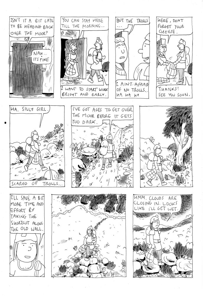 a page of comics with a man leaving a farmhouse and starting to cross a moor, while being warned about trolls. 
