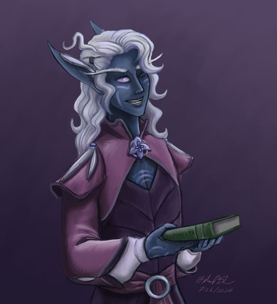 A picture of my friend Asleepy's character Yìchén, reinterpreted as a Nightborne elf from World of Warcraft. He has dusky dark blue skin and long white hair in messy waves, glowing lavender eyes, and faint shimmering tattoos on his face and hands. He is dressed regally, in the typical plum and silver colors of the Nightborne fashion, and is holding a book, wearing an expression that suggests he is talking about it to someone offscreen.