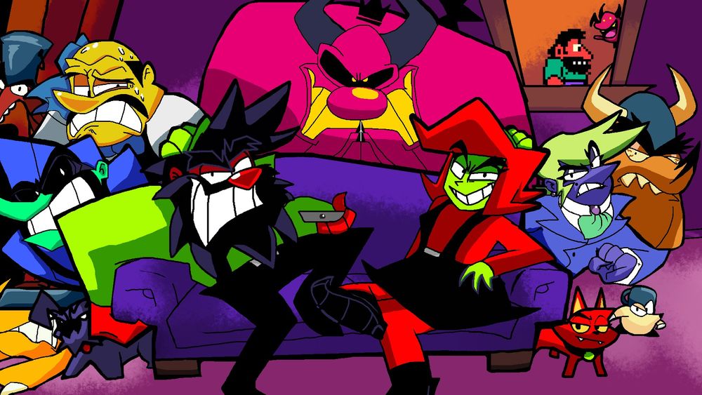 A piece of Fanart of the cast of Antonblast. Anton and Annie are sitting on the couch with smug smiles on their faces while looking at the viewer. On the left, Anton is hanging his left arm out in the armchair while holding a TV remote with his right hand. Meanwhile, there are 5 characters behind him such as Anton's Dog (lower, close to Anton), Brawlbuster (lying down behind Anton's Dog with Tallbuster's body holding him down), Danton looking mad, Brulo sweating nervously looking at Anton and Tallbuster being right behind him, with a neutral expression, looking at the viewer. on the right, Annie is resting her elbow in the armchair, behind her there are 4 characters. Kat looking at the viewer unfazed, Smallbuster looking at the viewer with a determined expression, an unamused Nina, looking at the viewer while clunching her fist infront of her chest, and an also unamused Maulbuster, also looking at the viewer, with her arms behind her back. On the front and behind the two, there's Satan, who looks like he's scheming, smiling evilly. In the window, there's Paul and a happily waving Microdemon. The Background is an apartment room with a dark purple wall, purple/pink-ish floor, a window on the right behind Tallbuster's left helmet horn and a brown shelf behind Brulo and Tallbuster.