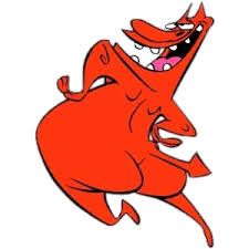 Stock art of the Red Guy from Cow and Chicken. A fat, red devil with a big butt, short tail and short, pointy horns on his head. He is prancing (like, skipping around) while he has his hands on his hips and looking up while smiling.