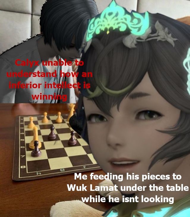 Calyx and Sphene from FFXIV sat at a chess table. Calyx looks slumped over with text over him reading "Calyx unable to understand how an inferior intellect is winning" while Sphene smiles at the Viera with text over her reading "Me feeding his pieces to Wuk Lamat under the table while he isn't looking"