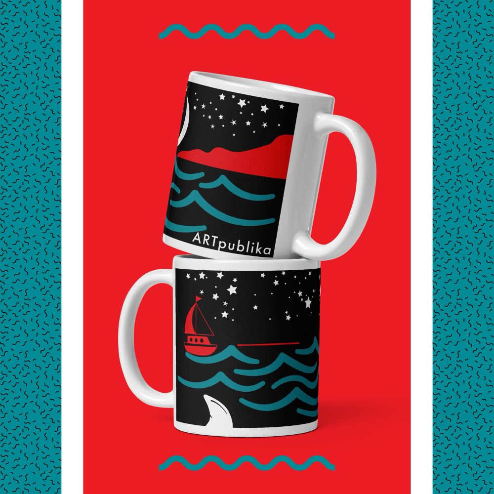 Stacked Summer Sailing Ceramic Mugs from The ARTpublika Shop on branded background | Design by Liz Publika 