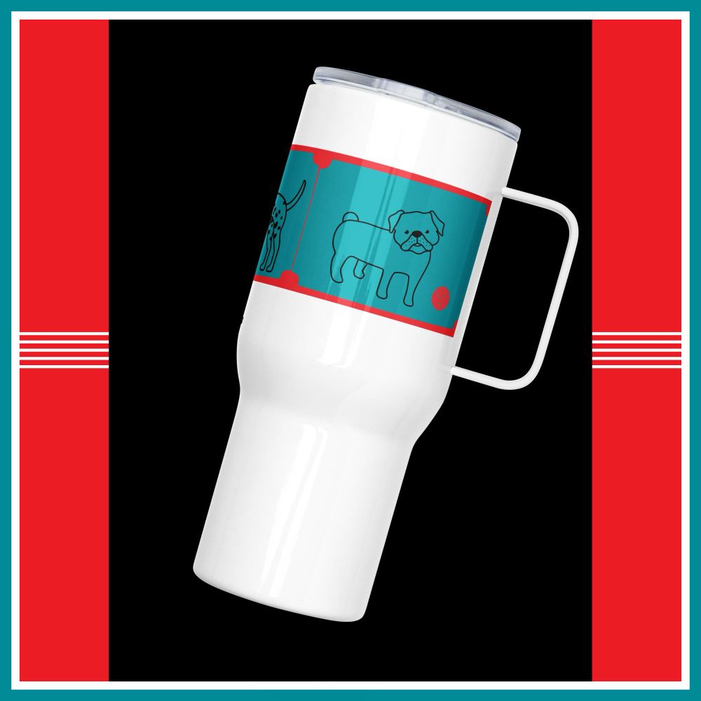 Character Dogs Travel Mug from the ARTpublika Shop on branded background | Design by Liz Publika 