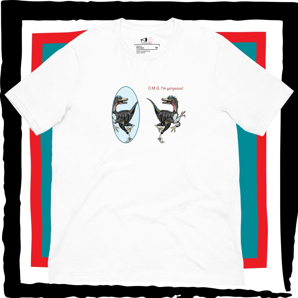 O.M.G. I’m Gorgeous T-shirt featuring a raptor admiring itself in the mirror from The ARTpublika Shop on branded background | Design by Liz Publika 