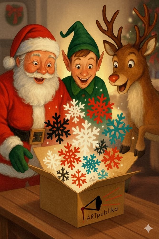 Sora generated image of Santa, Elf and Rudolph unboxing a package from The ARTpublika Shop | Prompt & edits by Liz Publika 