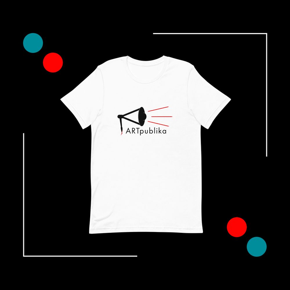 White ARTpublika T-shirt from The ARTpublika Shop featuring official company logo | Design by Liz Publika